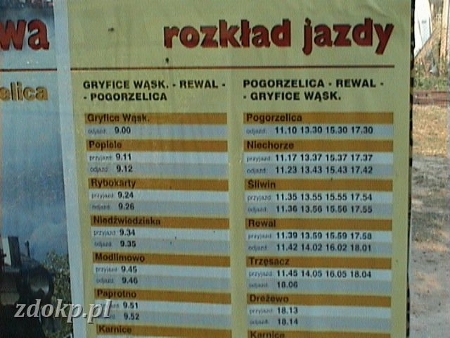 2002-07-29.02 trzesacz - rozklad jazdy.JPG - 2002-07-29, rozkad jazdy na stacji Trzsacz Gryfickiej Kolei Wskototrowej.